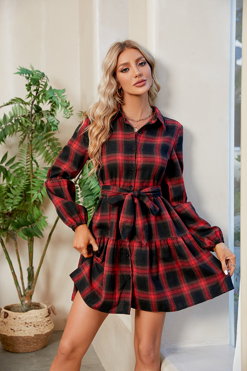 Plaid Print Tie Waist Collared Neck Long Sleeve Shirt Dress, Mini Dress Casual