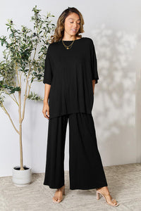 Double Take Full Size Round Neck Slit Top and Pants Set Loungewear T shirt and bottoms included