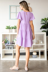 Women's Lilac Swiss Dot Short Sleeve Tiered Short Dress Petite and Plus Size Fashion Dresses