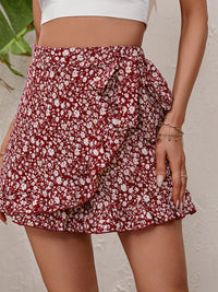 Printed Tie Waist Skirt with Shorts Skort