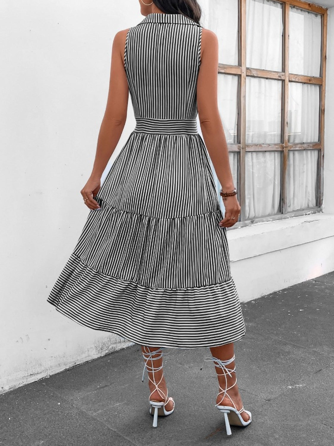 Pinstripe Shirt Dress Women's Fashion Feminine Striped Johnny Collar Sleeveless Midi Dress