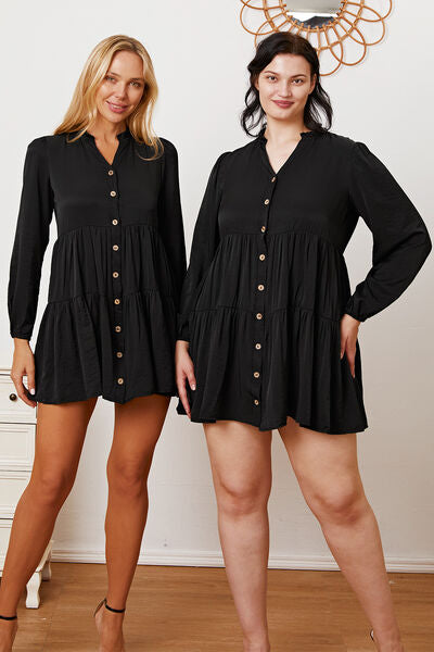 Ruffled Button Up Long Sleeve Tiered Shirt Dress