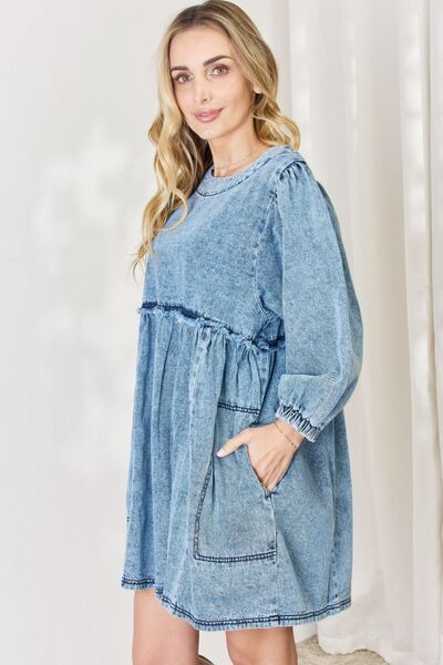 Women’s Oversized Denim Long Sleeve Babydoll Dress Full Size