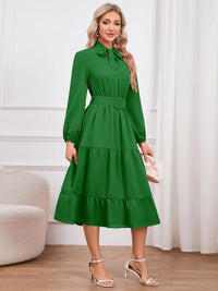 Womens Fashion Tie Neck Long Sleeve Tiered Midi Dress