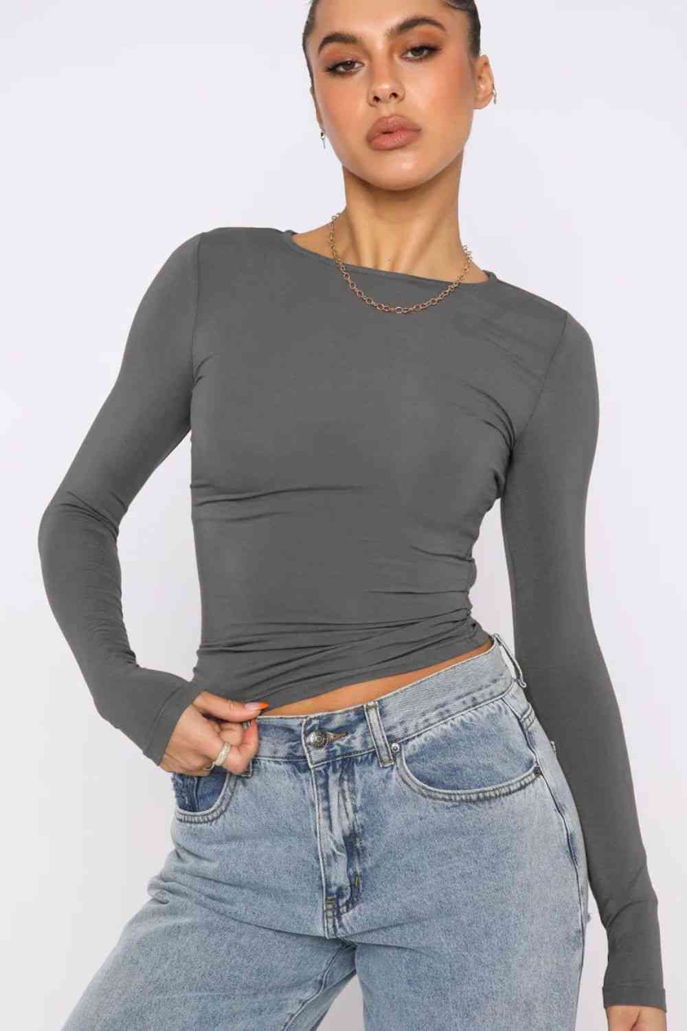 Round Neck Tight Bodycon Long-Sleeve Top