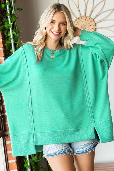 KESLEY Baggy Sweater  Exposed Seam Round Neck Dropped Shoulder Loose Fit Blouse