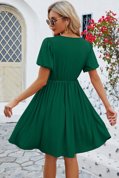 Womens V-Neck Balloon Short Sleeve Dress