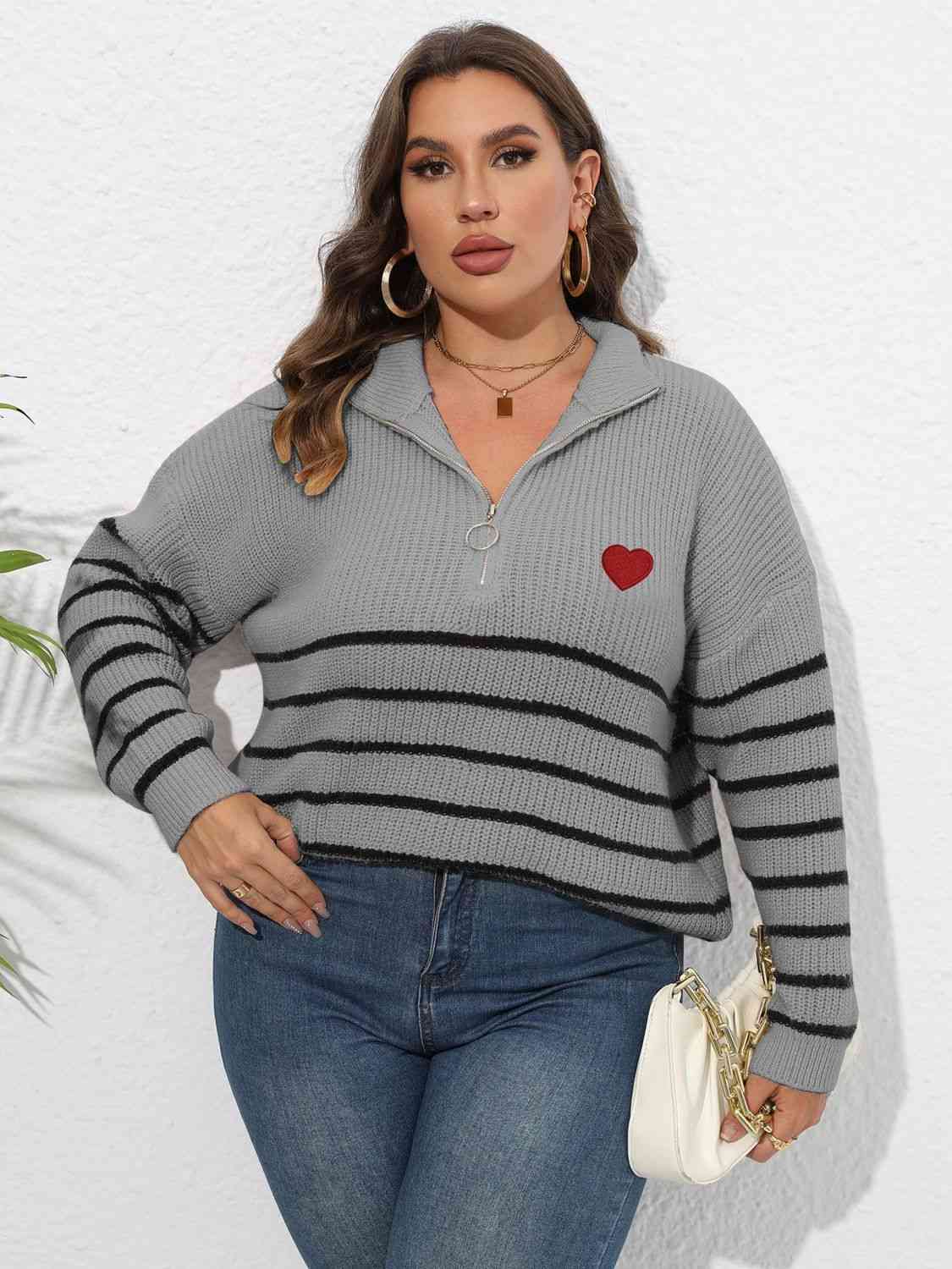 Plus Size Zip-Up Striped Sweater with heart print