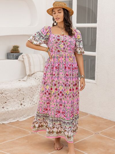 Pink Boho Plus Size Printed Square Neck Ruffle Hem Dress