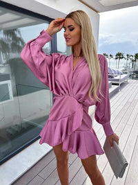 Satin Surplice Ruffle Hem Lantern Sleeve Mini Dress Women's Fashion Long Sleeve Short Dress