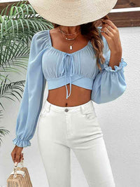 Womens Casual Blue Long Sleeve Cropped Blouse Crop Top