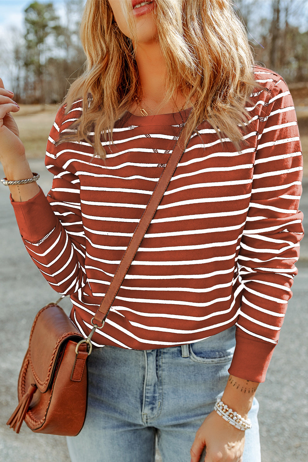 Women's Striped Long Sleeve Shirt Round Neck Basic Top