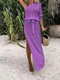 Swimsuit Cover-up Slit Openwork Single Shoulder Knit Dress