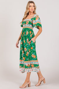 KESLEY Boho Printed Smocked Short Sleeve Midi Dress