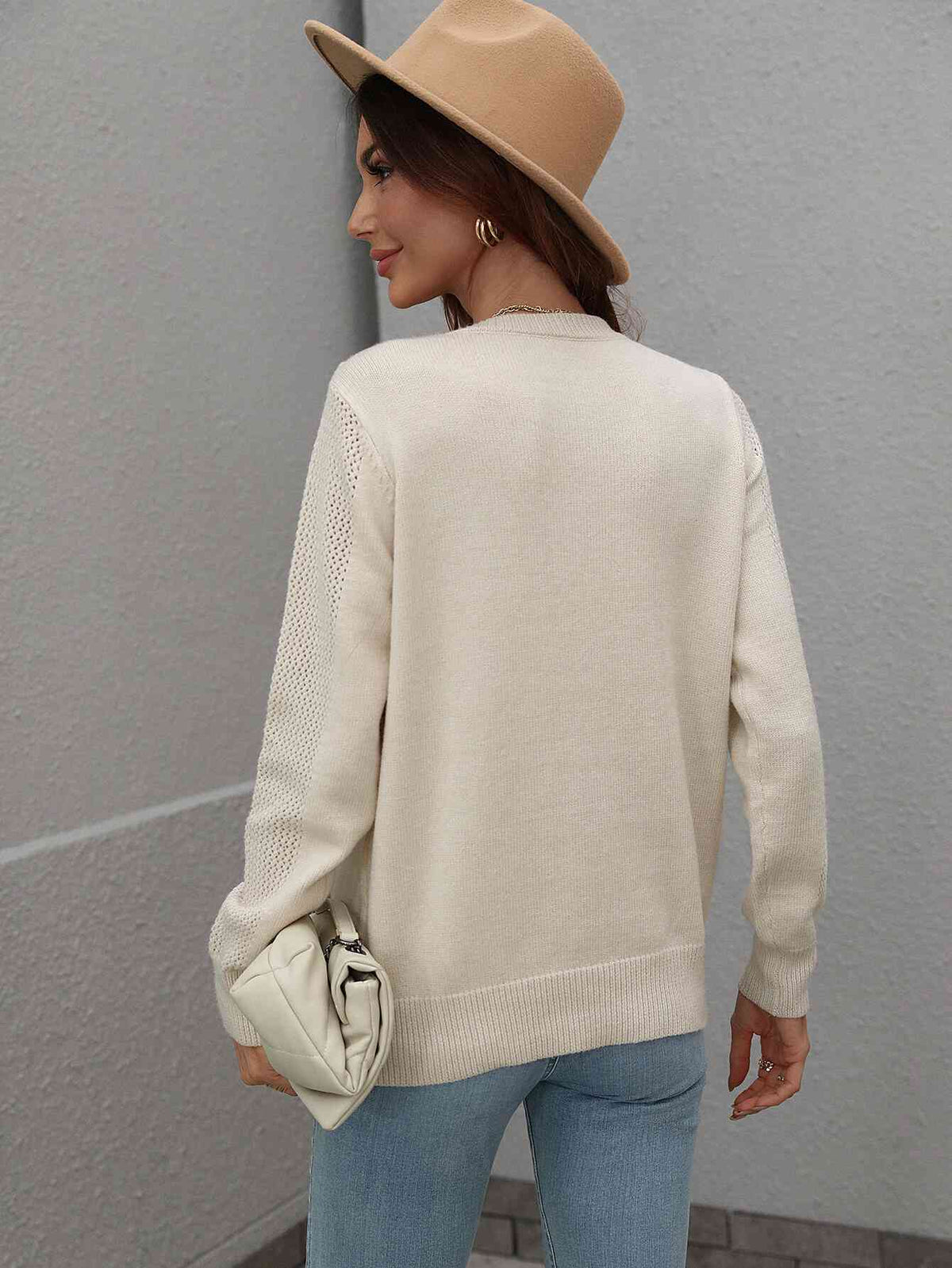 Fringe Long Sleeve Shirt Detail Ribbed Trim Sweater