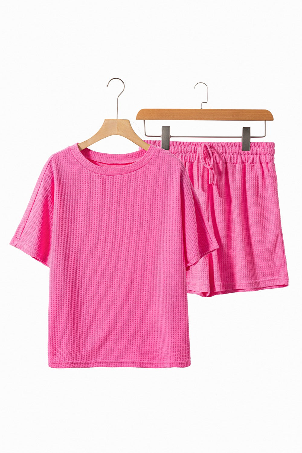 Pink Two Piece Outfit Set Women's Fashion Waffle-Knit Round Neck Top and Shorts Set