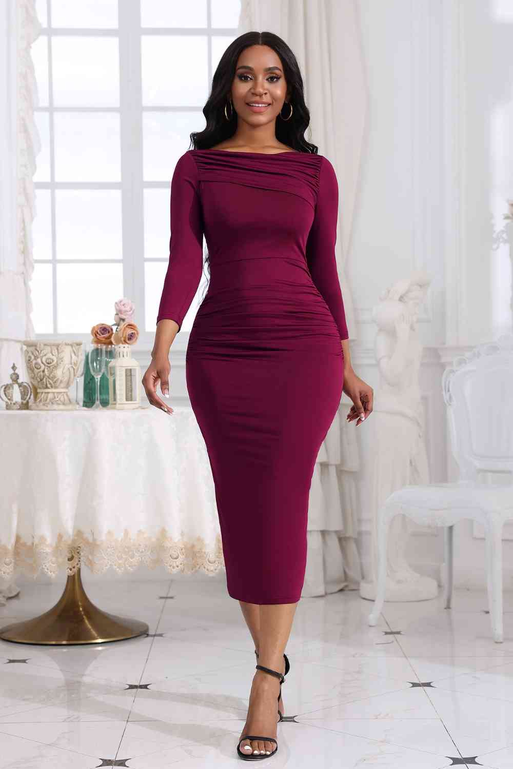 New Women's Fashion Long Sleeve Ruched Boat Neck Midi Dress, Form Fitting Solid Color Ladies Dress