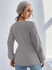 Notched Dropped Shoulder Knit Long Sleeve Top