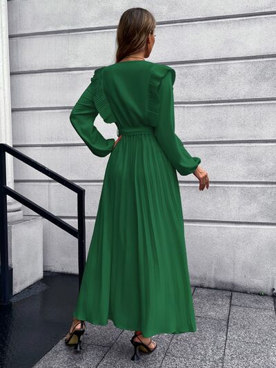 Long Sleeve Maxi Dress Pleated Surplice Waist Tie Midi