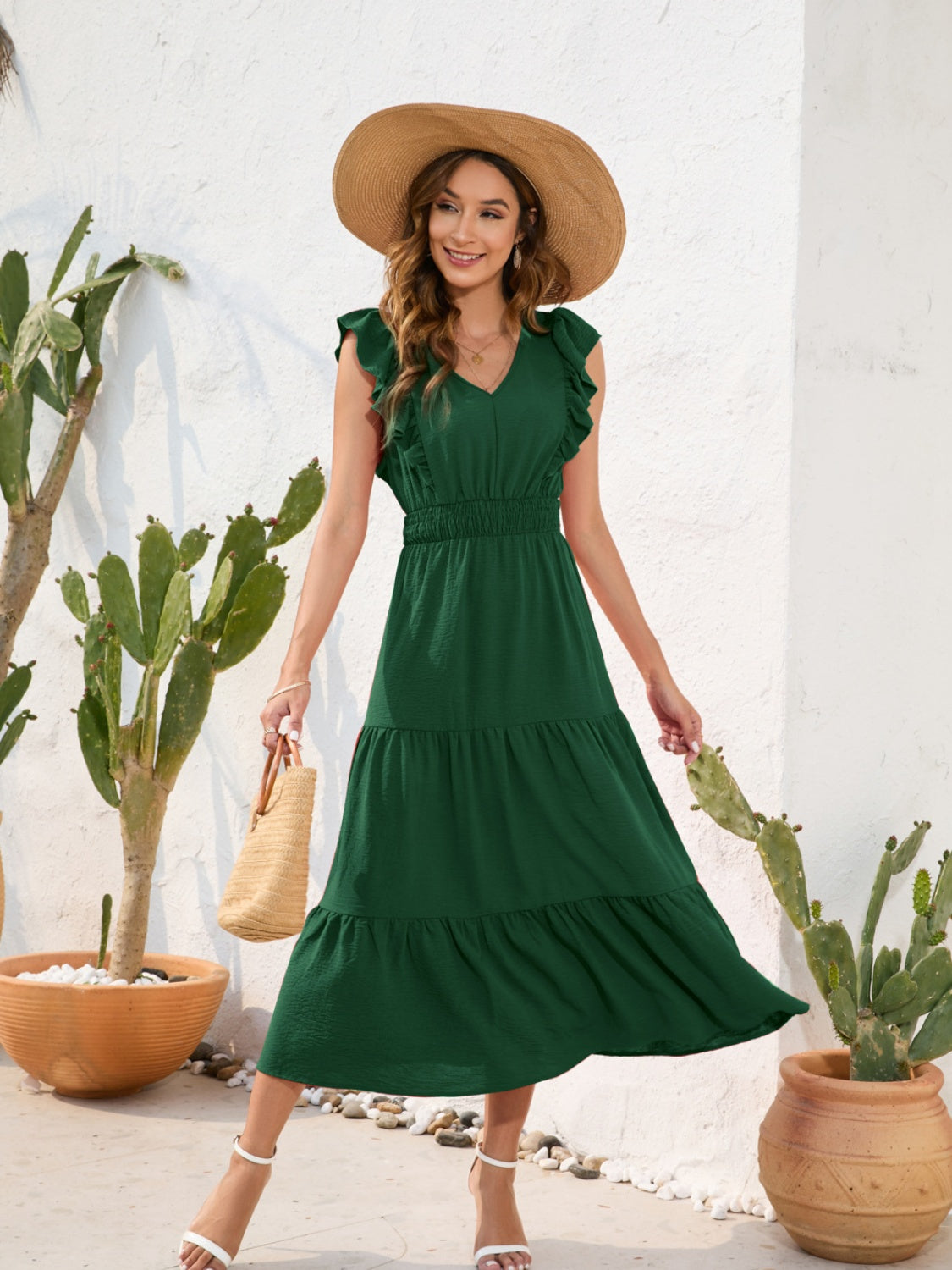 Cinch Waist Tiered Ruffled V-Neck Short Sleeve Maxi Dress New Women's Fashion casual day dresses