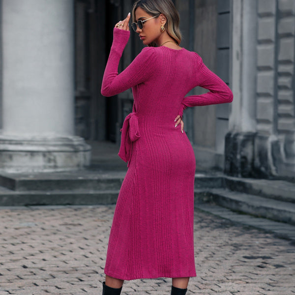 Womens Pink Ribbed Surplice Neck Waist Tied Long Sleeve Dress