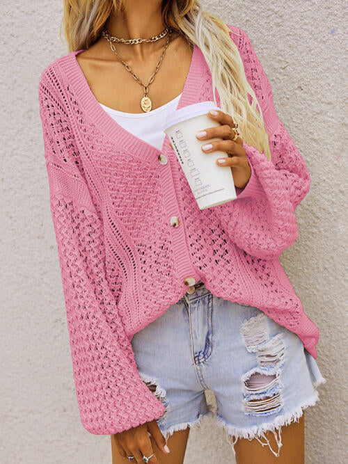 Light open sweater Pink Openwork Button Front Cardigan