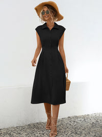 Casual Back Tie Short Sleeve Collar Dress New Women's Fashion Button Up Cap Sleeve Midi Dress