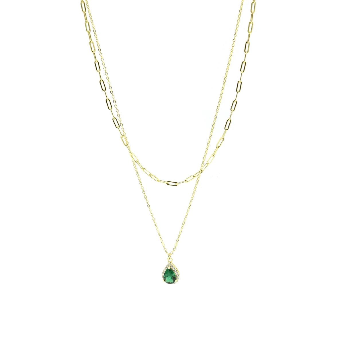 emerald green necklace with paperclip diamond zircon waterproof  layered necklaces for everyday dainty layering necklace ideas pear shape green and gold necklace -Miami-instagram shop trending popular jewelry store Miami brickell Kesley Boutique