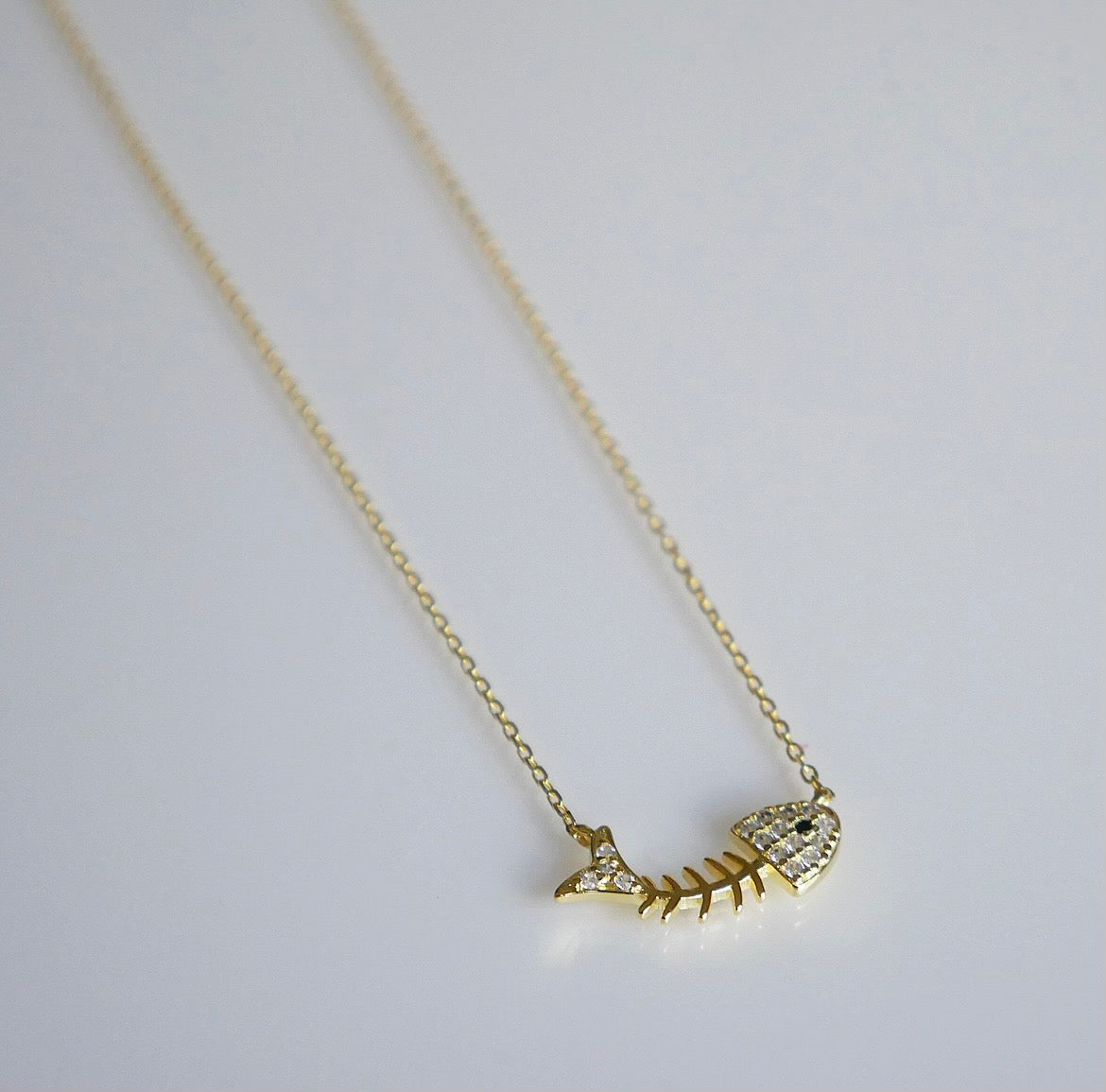 Sparkly CZ Fish skeleton Lucky .925 sterling silver Necklace