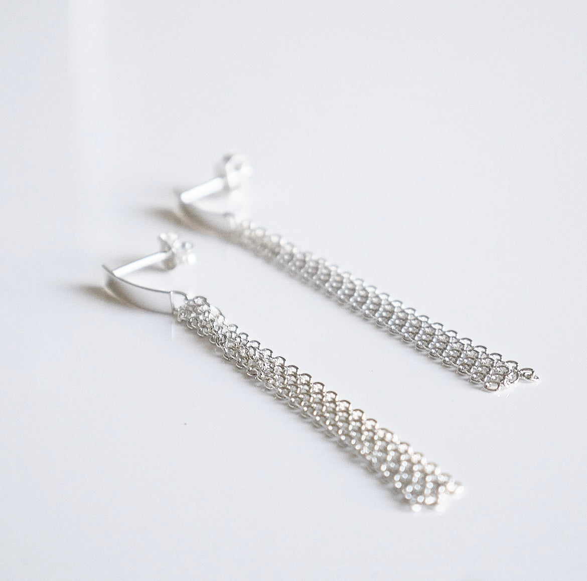 Bar with Drop-Down Tassel Chains Post .925 Sterling Silver Earrings