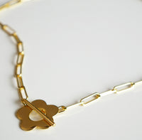 Golden Flower Choker Necklace,  .925 Sterling Silver Paper Clip Links Toggle Short Necklace