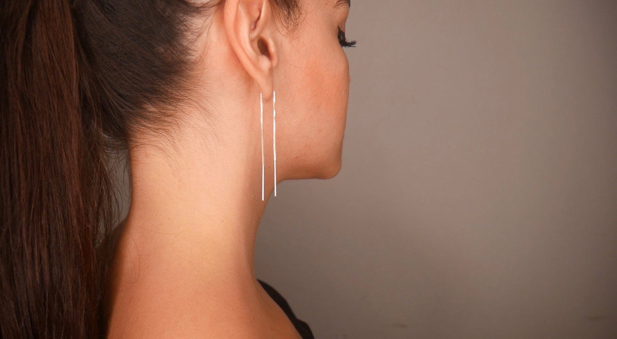 Thread earrings, sterling silver earrings threaders. Earrings that loop through ear, thin, dainty, light weight, cool earrings unisex for men and woman, unique trending on instagram reels and tiktok famous shops. Best jewelry store for sensitive ears Miami, Brickell, Kesley Boutique