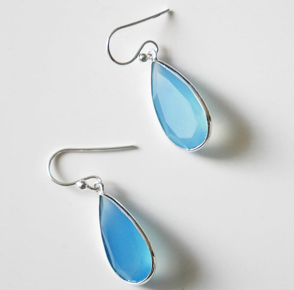 Blue gemstone earrings, Blue earrings, chalcedony earrings, hook earrings, sterling silver earrings, blue crystal earrings, shopping in Miami, shopping in Brickell, cute jewelry, trendy jewelry, popular jewelry, jewelry store in Miami, Gift store in Miami