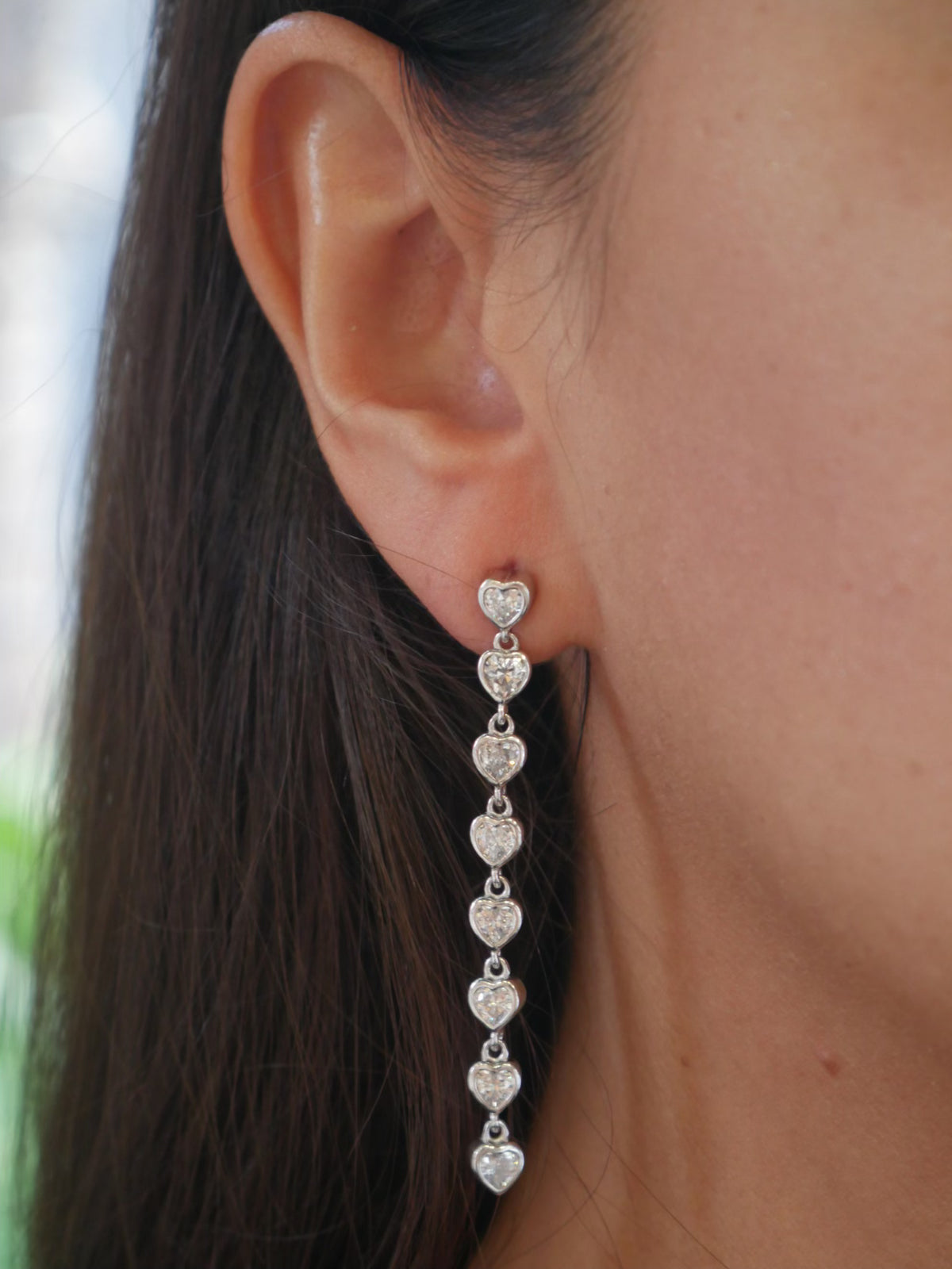 Pink Heart Earrings, Diamond CZ Long Drop Down Hearts .925 Sterling Silver Waterproof Earrings