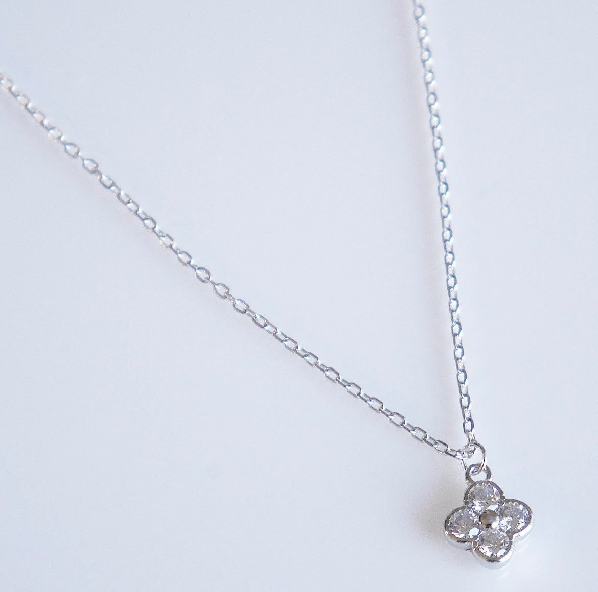 Daily Clover Silver Necklace, Diamond Cubic Zirconia .925 Dainty Sterling Silver Necklace