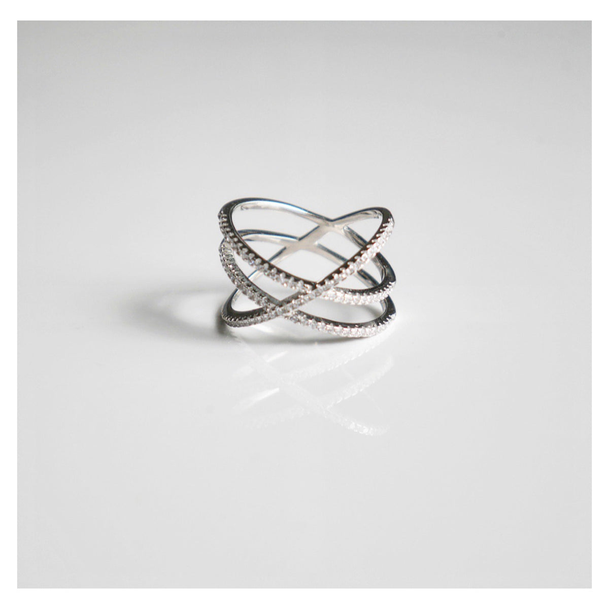 X Ring, Crossed Lovers Diamond CZ .925 Sterling Silver Statement Ring