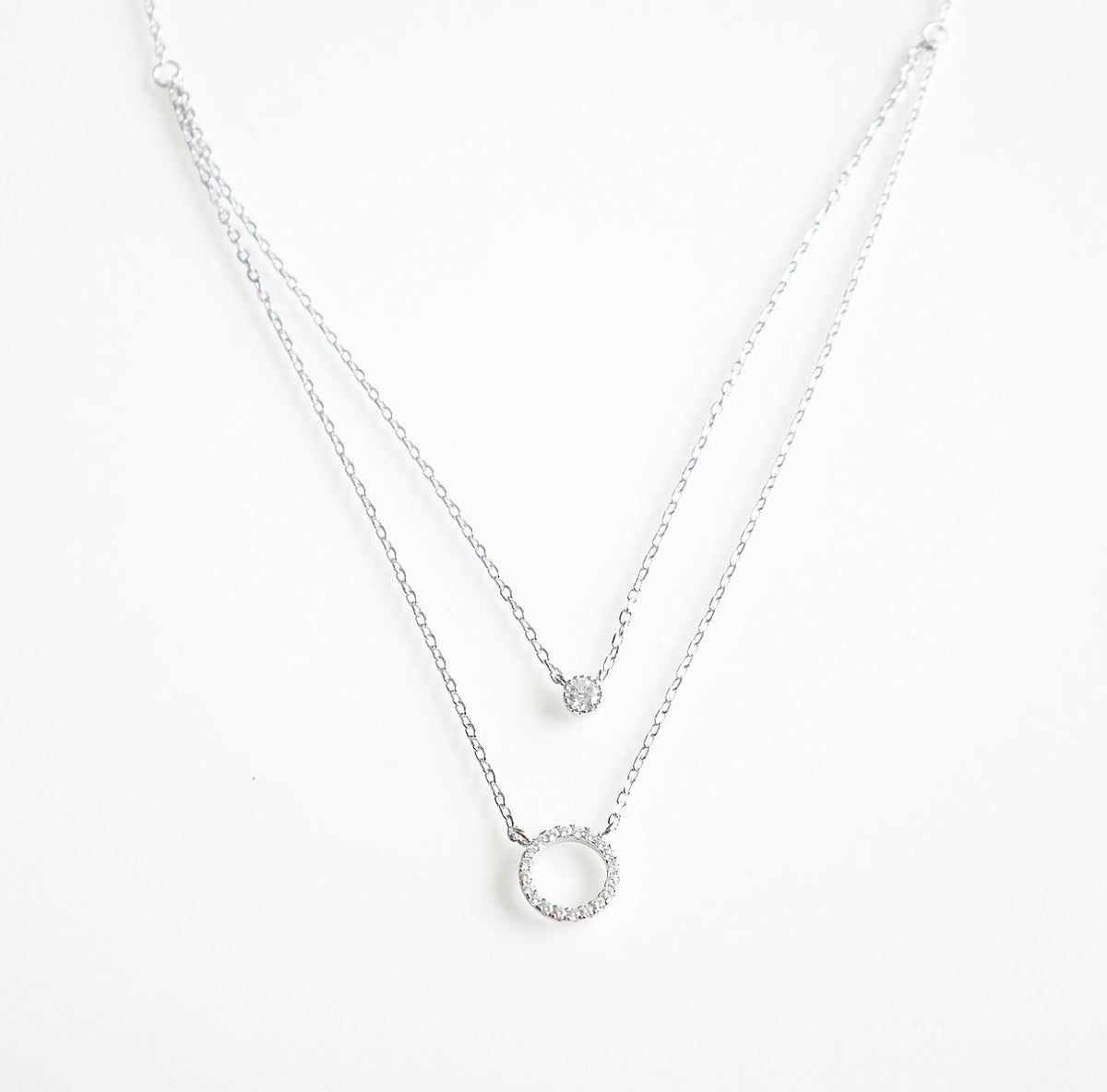 circle necklace, layered double circle diamond zircon .925 sterling silver necklace waterproof for sensitive skin - cute necklaces for gift ideas, trending popular influencer style necklaces