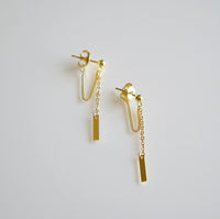 gold earrings with chain and bar at the end. gold plated earrings sterling silver waterproof for sensitive ears Kesley Boutique 