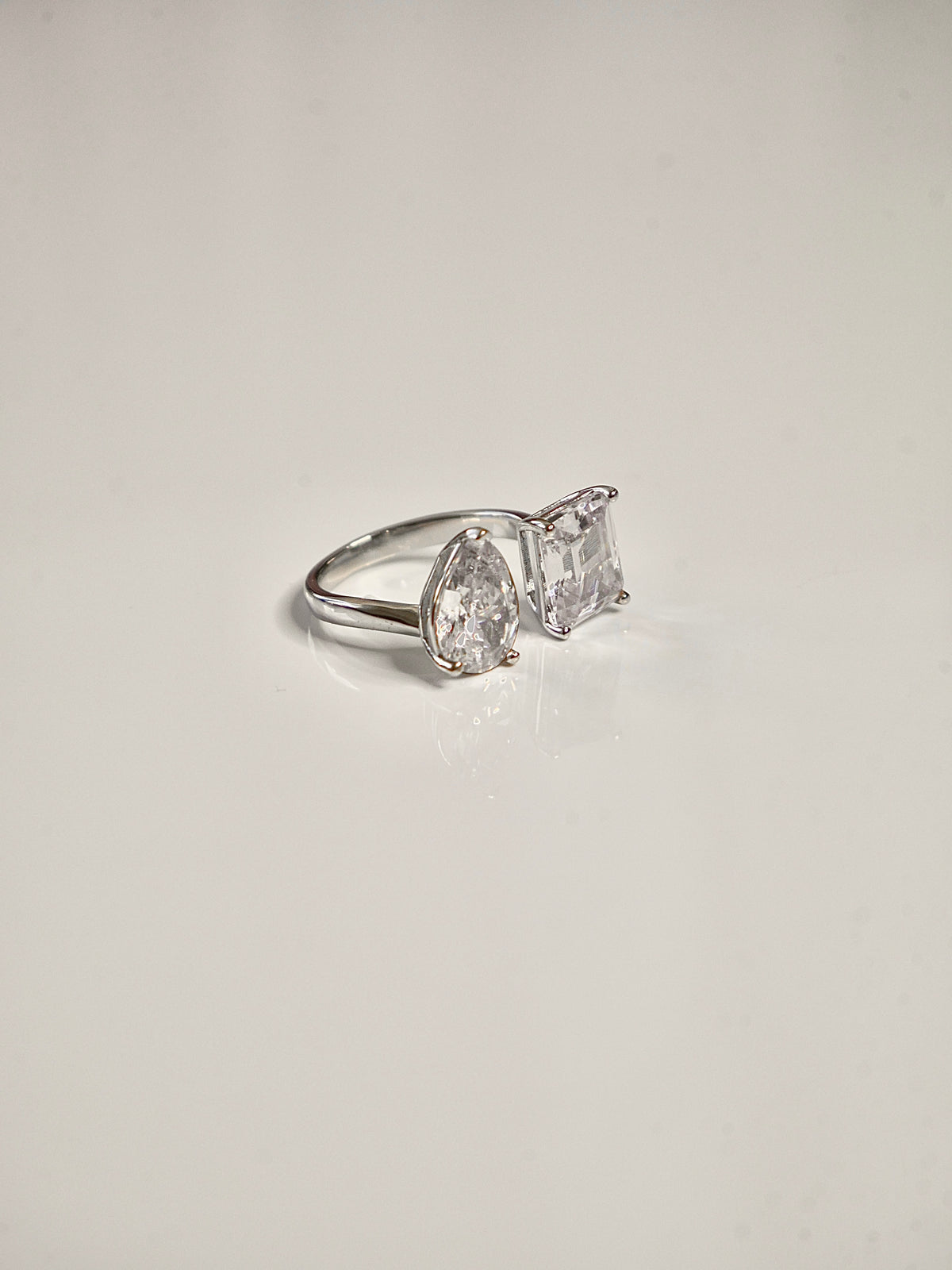 Double Zircon Statement Ring,  .925 Sterling Silver Pear and Square Zircon Adjustable Ring