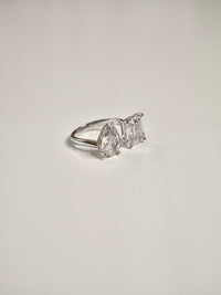 Double Zircon Statement Ring,  .925 Sterling Silver Pear and Square Zircon Adjustable Ring