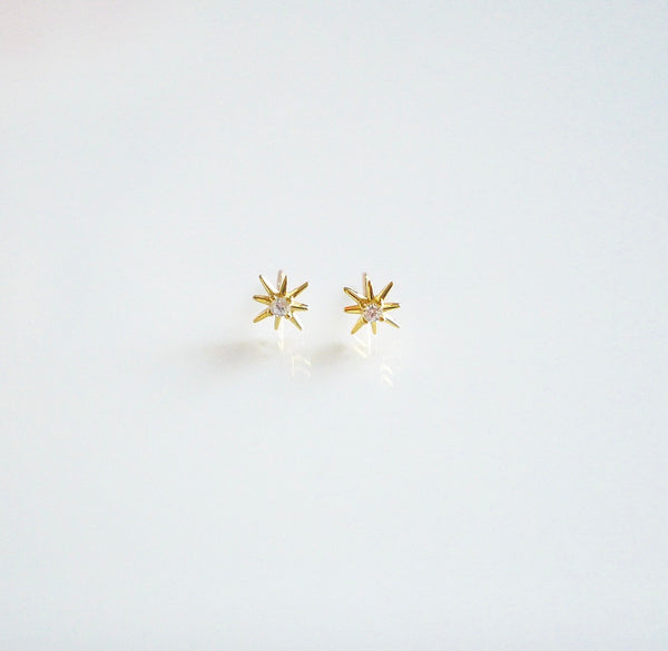 Tiny Starburst Stud Earrings, 925 Sterling Silver Cubic Zirconia Dainty Star Earrings