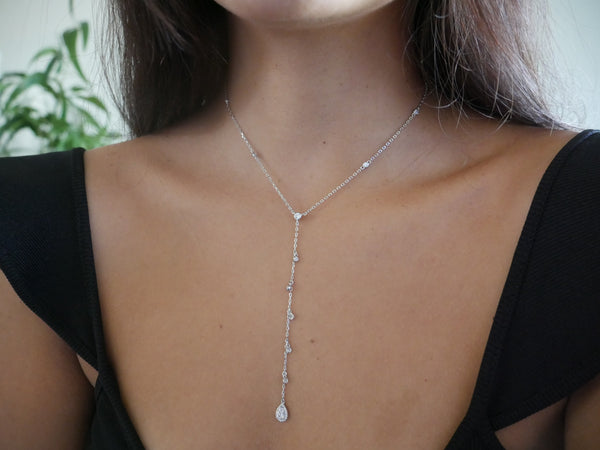 lariat y necklace, sterling silver, pear shape diamond cz cubic zirconia, necklaces, rhinestone water drop, teardrop, necklaces, sterling silver, bridal necklaces, wedding, bridesmaids jewelry, black tie event necklaces, dainty, low cut shirt necklace 