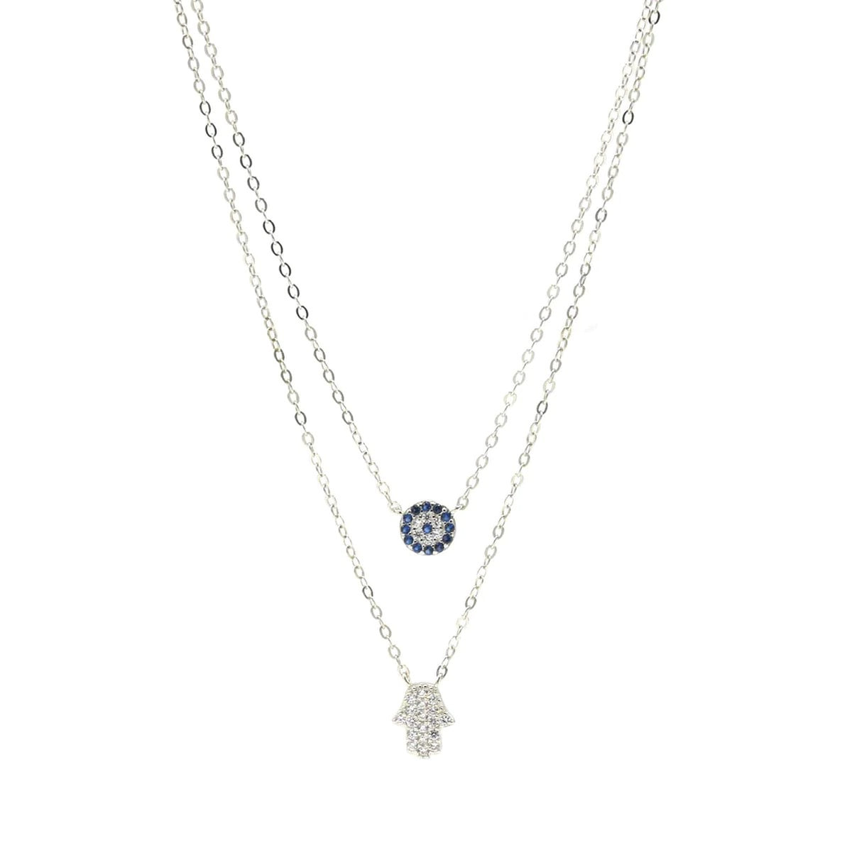 necklaces, evil eye, hamsa double, stacked layered necklaces, rhinestone diamond cz cubic zirconia simulated diamonds, designer waterproof luxury nickel free necklaces 