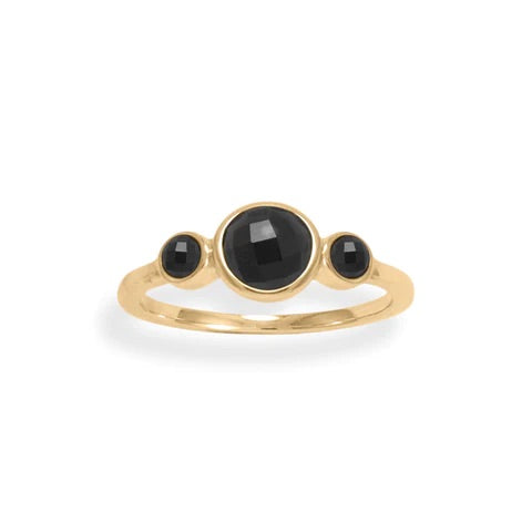 Black onyx ring, three round onyx dainty ring 14k gold plated sterling silver waterproof designer luxury dainty crystal rings for good luck and prosperity vintage style rings, festival jewelry, gold statement rings, popular, unique, shopping in Miami, Brickell Kesley Boutique