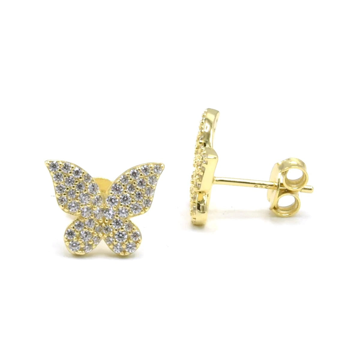 Butterfly stud earrings in gold with diamond cz cubiz zirconia butterfly earrings cute butterfly earrings popular butterfly earrings, butterfly earrings for sensitive ears, waterproof gold butterfly earrings with diamonds cz designer butterfly earrings popular jewelry store in Miami, cute jewelry brickell butterfly earrings brickell