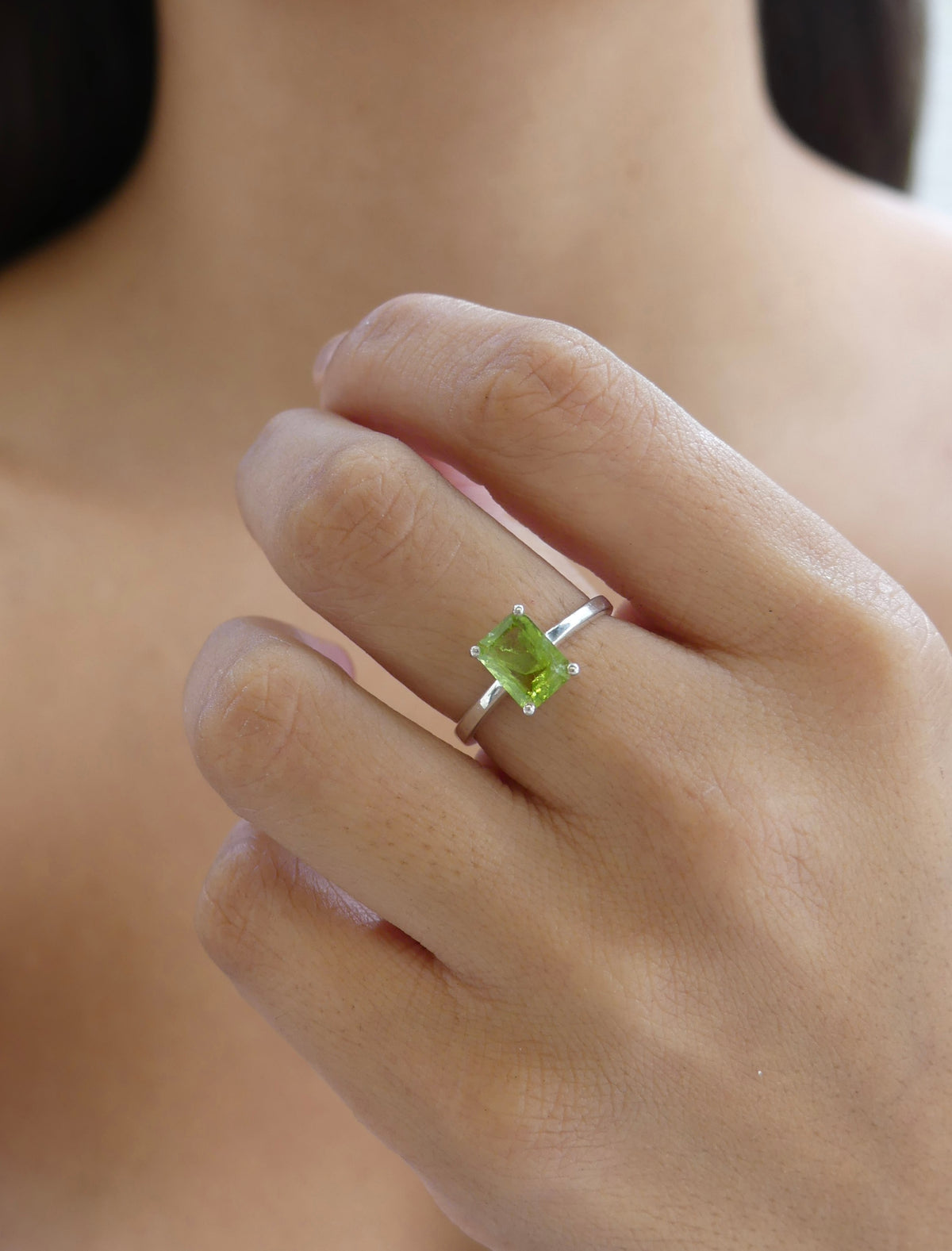 Peridot gemstone ring sterling silver .925 princess cut, rectangle peridot ring, green and silver ring, august birthstone ring gift idea birthstone rings peridot Miami, Brickell Instagram shopKesley Boutique