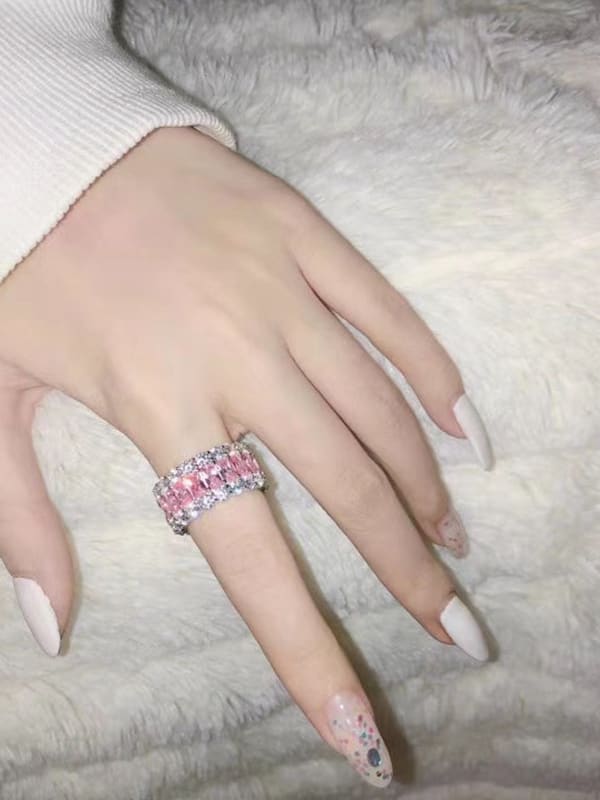 pink diamond cubic zirconia czs rings bands eternity rings, waterproof, sterling silver, influencer jewelry trending on instagram and tiktok. Unique rings that wont tarnish. top jewelry brands 2023. Influencer brands. nice real jewelry for cheap. pink rings gift idea Kesley Boutique