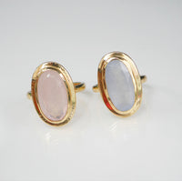 Rose Quartz ring in gold, oval shape  statement ring AND blue chalcedony oval gemstone crystal ring for heart chakra fashionable baby shower gift OR bridesmaids gift OR wedding Jewelry OR work jewelry OR gold statement rings for work OR for everyday pink and blue rings 18k gold plated over sterling silver will not turn green. designer jewelry cheap good quality. shopping in Miami Jewelry store in Brickell trending, influencer fashion and accessories, nice jewelry, popualar-trending-Kesley Boutique 