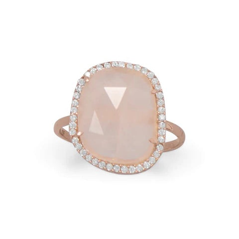 Rose Quartz Ring Statement simulated diamonds cz cubic zirconia halo rose gold plated sterling silver .925 luxury designer rings for cheap, trending on instagram and tiktok, influencer jewelry Kesley Boutique 