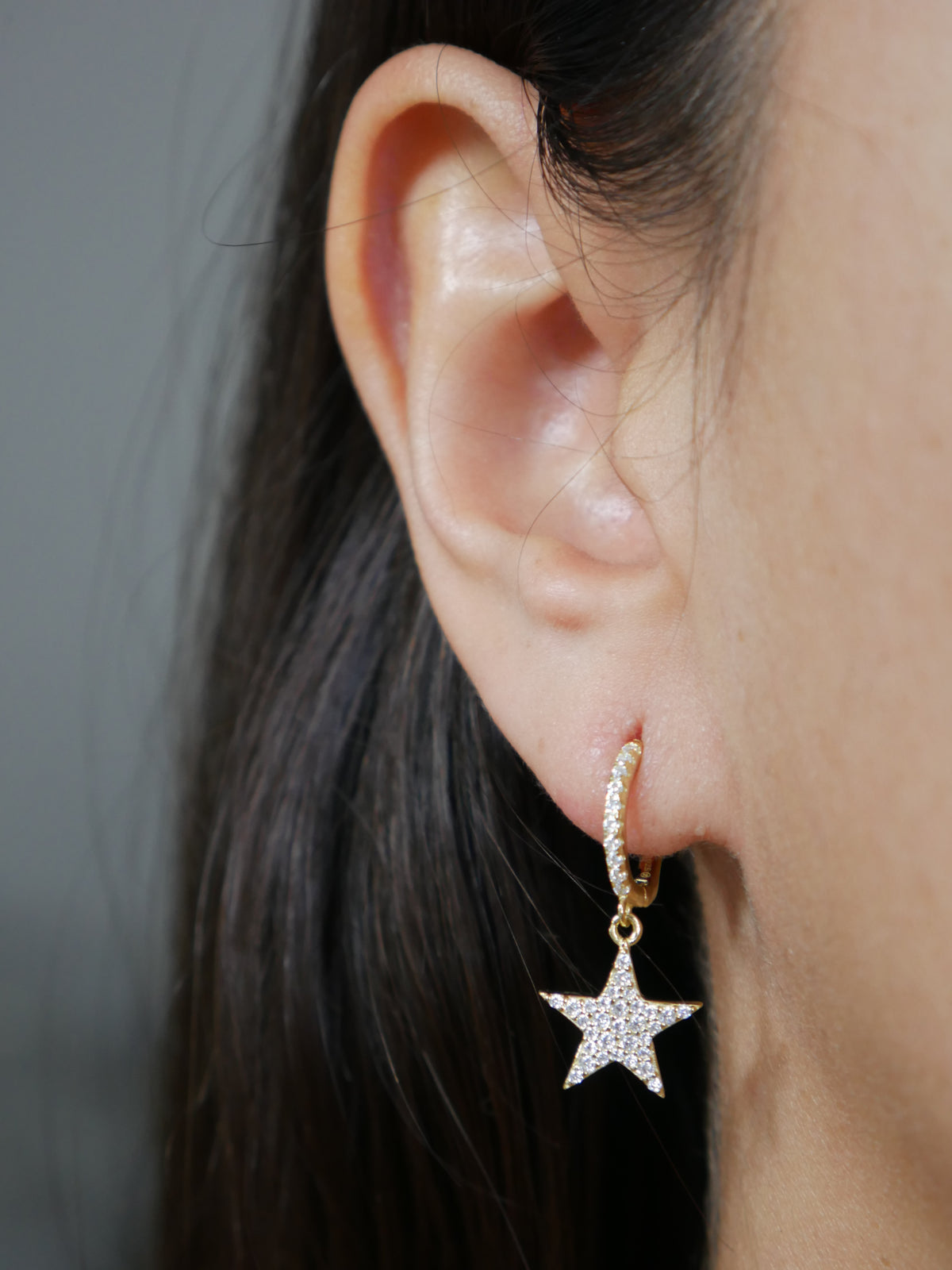 Star earrings 14k gold plated .925 sterling silver luxury diamond cz cubic zirconia pave star earrings with charm huggies. designer luxury earrings, chanel inspired, prada inspired earrings for everyday, waterproof, gift ideas, cute earrings real jewelry good quality  Kesley Boutique